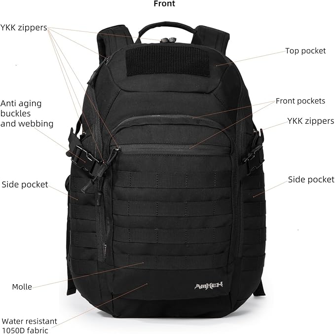 AMHEH 32L Tactical Backpack - 17 Laptop Suspended Protection 1050D Rugged Urban Everyday Carry Pack Get Home Bug Out Bag (Black)