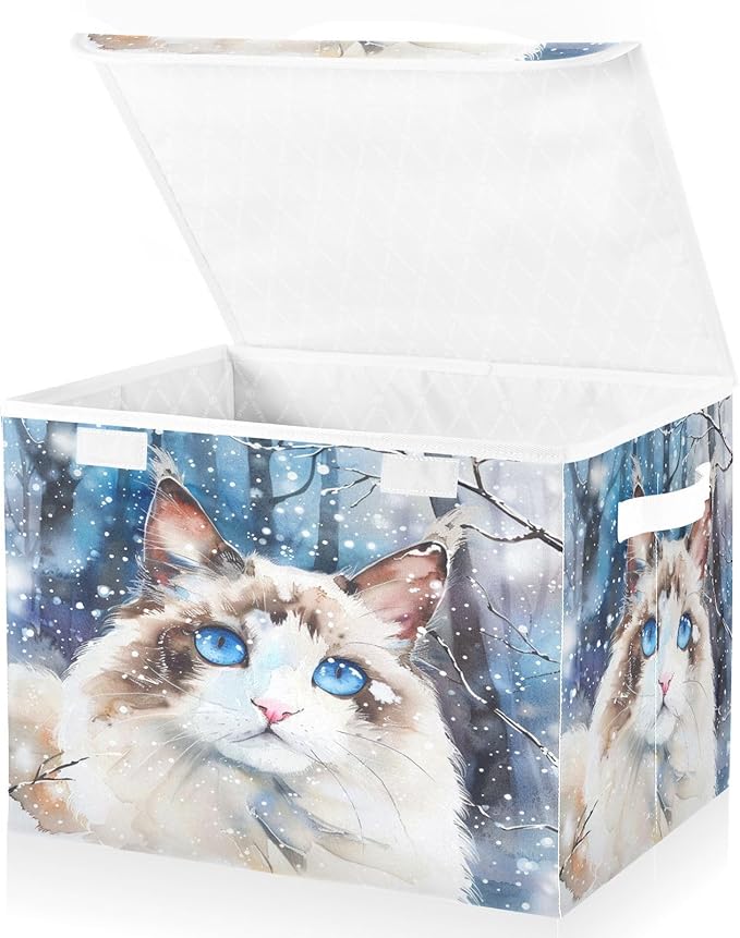 senya Winter Baskets Collapsible Storage Bins with Lids Ragdoll Cat in The Snow Storage Boxes Clothes Baskets for Organizing