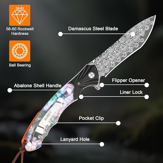 AUBEY Damascus Pocket Knife for Women Men 3.43 VG10 Damascus Steel Blade Knife with Clip EDC Folding Knives with Abalone Shell Handle Gift for Camping Outdoor Hunting Hiking Collection
