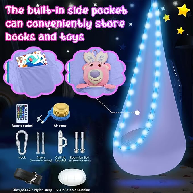 Light Up Swing Chair Hammock Chair Indoor Outdoor for Kids Pod with LED Lights Soft and Safe 176 lb. Load Capacity Easy Installation Perfect for Bedroom Garden and Playroom (Violet)