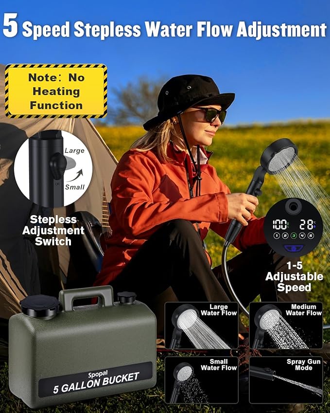 Spopal Portable Shower for Camping with 5-Gallon Water Jug [Upgraded] 10000mAh Rechargeable Camping Shower with 5 Adjustable Speeds Food Grade Material Water Containers for Hiking Travel Car Pet
