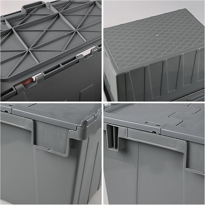 15 Gallon Industrial Lockable Plastic Storage Tote with Hinged Attached Lid Commercial Flip Top Tote Storage Container Bin Tote for Transport and Warehouse Heavy Duty Gray 4 Packs