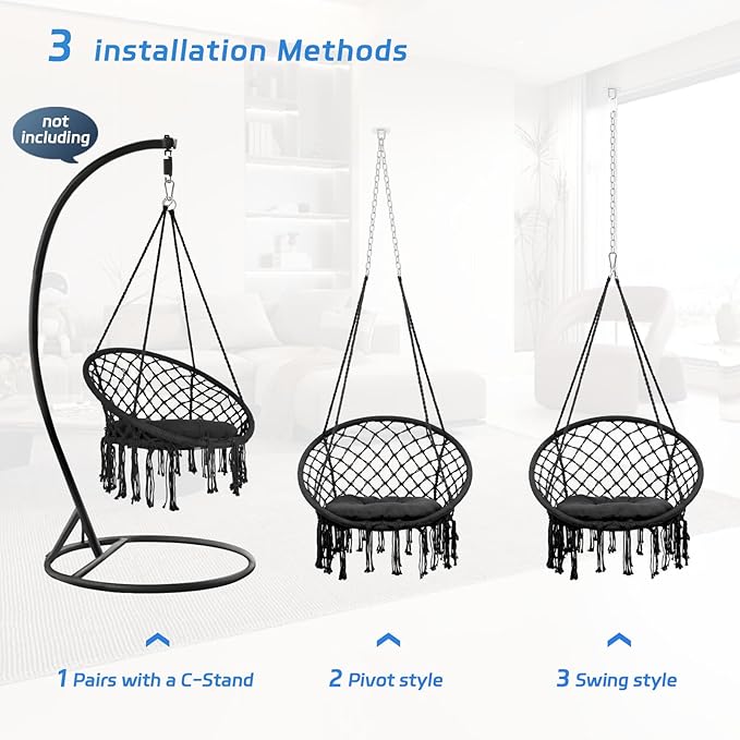 Hanging Swinging Chair Macrame Hammock Hanging Swinging Chairs with Soft Cushions and Hardware Accessories Hanging Chair for Indoor and Outdoor Use 3 Installation Methods Beige (1 Black)