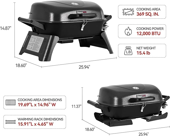Royal Gourmet GT2006 Portable Tabletop Gas Grill 12000 BTU Output for Outdoor Camping Foldable Legs Piezo Ignition Built-in Thermometer for Tailgates and Camping Trips Dark Gray