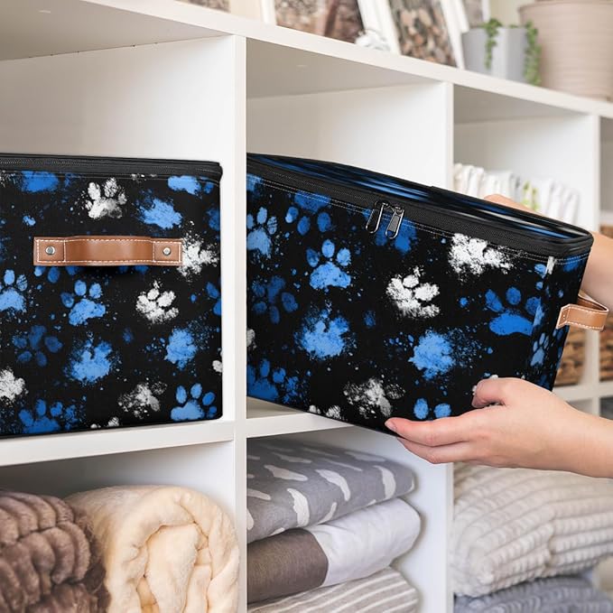 Storage Bin with Lid Paws Prints Stackable Closet Storage Bins Decorative Bedroom Organizer Box Lidded Baskets Living Room Storages Boxes Cube Organizer Cute Container with Handles