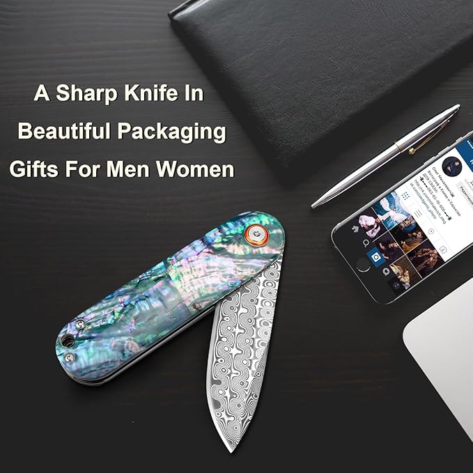 Zingbee Damascus Pocket Knife with Sheath 2.95 Damascus Steel Blade Folding Knife with Abalone Shell Handle EDC Pocket Knives for Men Women Outdoor Indoor Camping