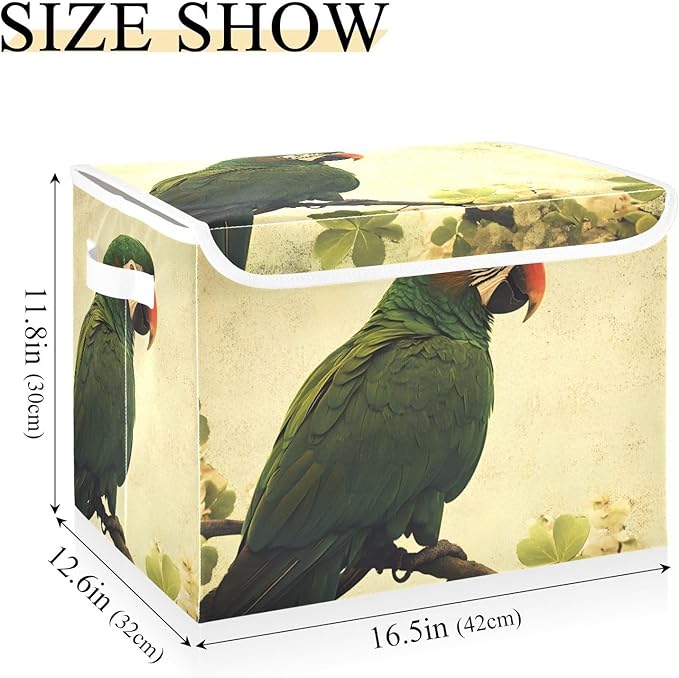 Storage Cube with Lid Parrot Green Print 16.5×12.6×11.8 IN Collapsible Large Capacity Foldable Storage Basket Bin Organizer