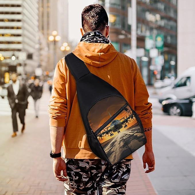 Sling Bags Military Plane Landing On Runways Chest Bag for Men Women Shoulder Bag for Travel Sport Chest Pack