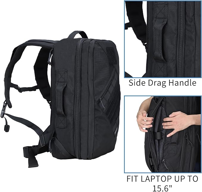 MGFLASHFORCE Tactical Travel Backpack for Men Molle Work Daypack Carry On Bag 15.6 Laptop Compartment Expandable 24L to 35L (Black)