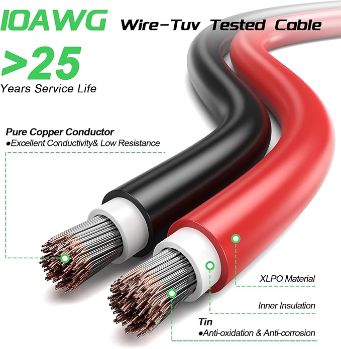 10AWG(6mm²) 100FT Solar Panel Extension Wire with Four Pairs Waterproof Male &amp Female Connectors with Solar Connector Caps Solar Extension Cable for RV Home Boat Car