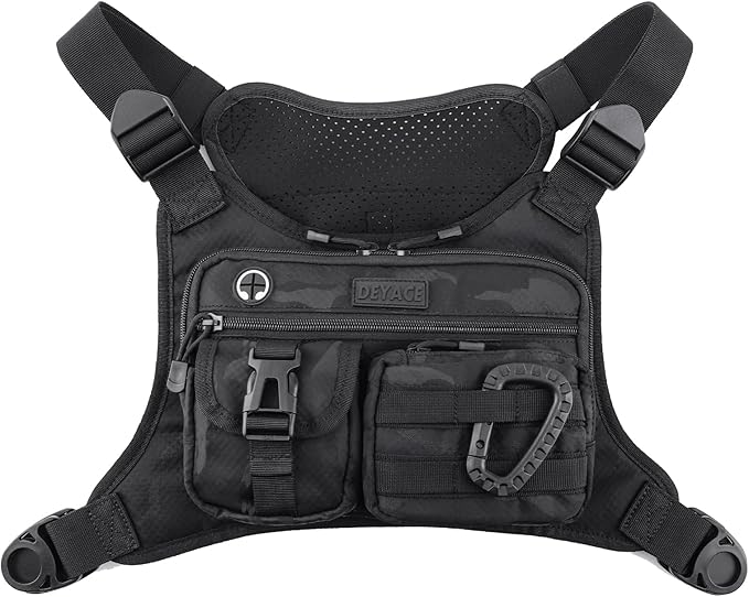 DEYACE Chest Bag For Men Tactical Inspired Sports Utility Chest Pack EDC Pouch Bag With Built-In Phone Holder for Workouts Running Cycling Black