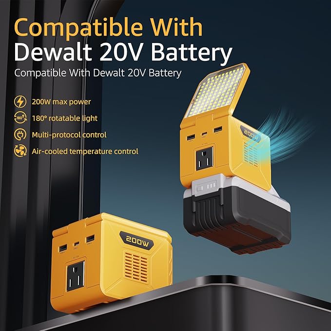 Power Inverter for DeWalt 20V Battery 200W (350W Peak) Portable Power Station Outdoor Generator Battery Converter with 2 USB-A &amp1 USB-C&amp110V AC &amp 500 LM LED Light (Tool Only)