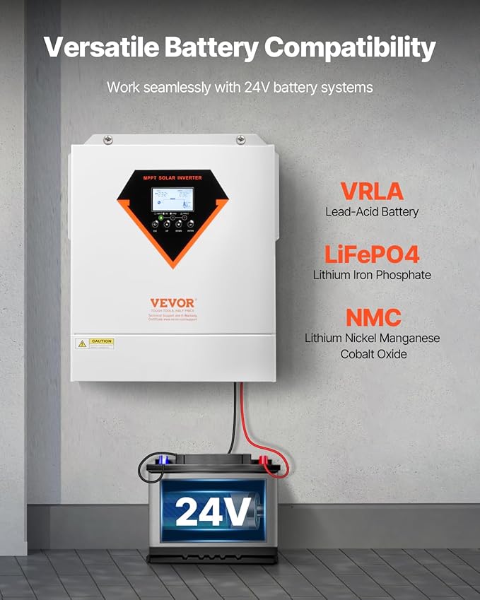 VEVOR Hybrid Solar Inverter 3500W Single Phase Pure Sine Wave Power Inverter 24V DC to 220/230V AC with Built-in 100A MPPT Solar Charge Controller for Off-Grid System Lead Acid Lithium Battery
