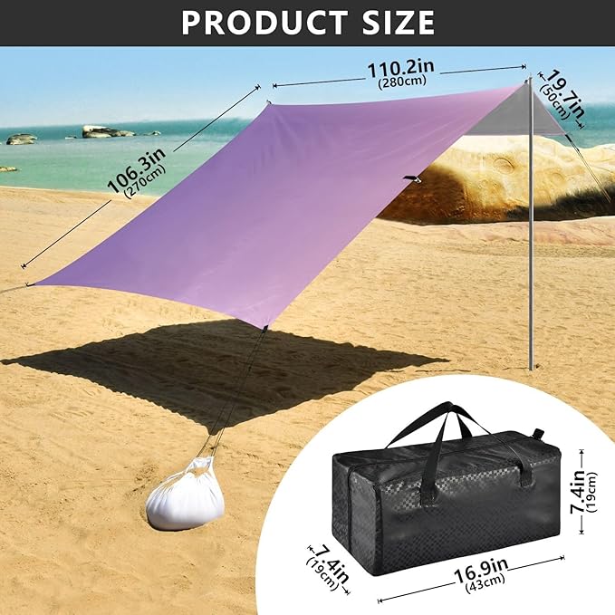 Purple Gradient Stable Beach Tent UPF50+ Lightweight Sun Shelter with Sandbags and Shovel for Camping Trips Fishing Backyard Fun or Picnics