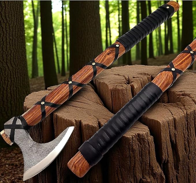 22-Inch Hand-Forged Viking Axe with Sheath Hatchet with Sheath Gift for Men Survival Axe Viking Bearded Camping Axe Ragnar Lothbrok Axe Viking Knives Best Gift Axe (Brown)