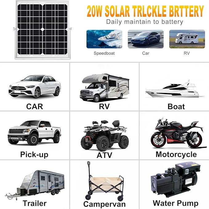 SOLPERK Solar Panel Kit 20W 12V Waterproof Solar Battery Trickle Charger Maintainer + Smart MPPT Controller + Adjustable Mount Bracket for Boat Car RV Motorcycle Marine Automotive