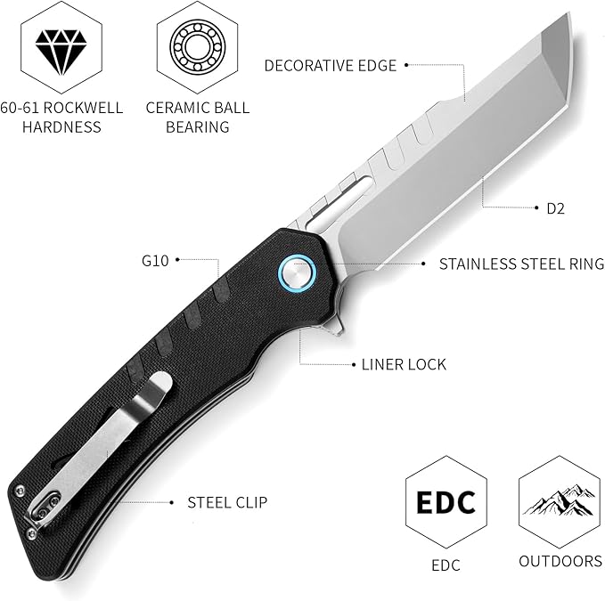 BTFLY G10 Handle Tactical Folding Knife D2 Steel Tanto Blade 3.7in EDC Pocket Knife with Liner Lock &amp Stainless Steel Clip Lightweight Bushcraft Camping Survival Knife for Men Adult