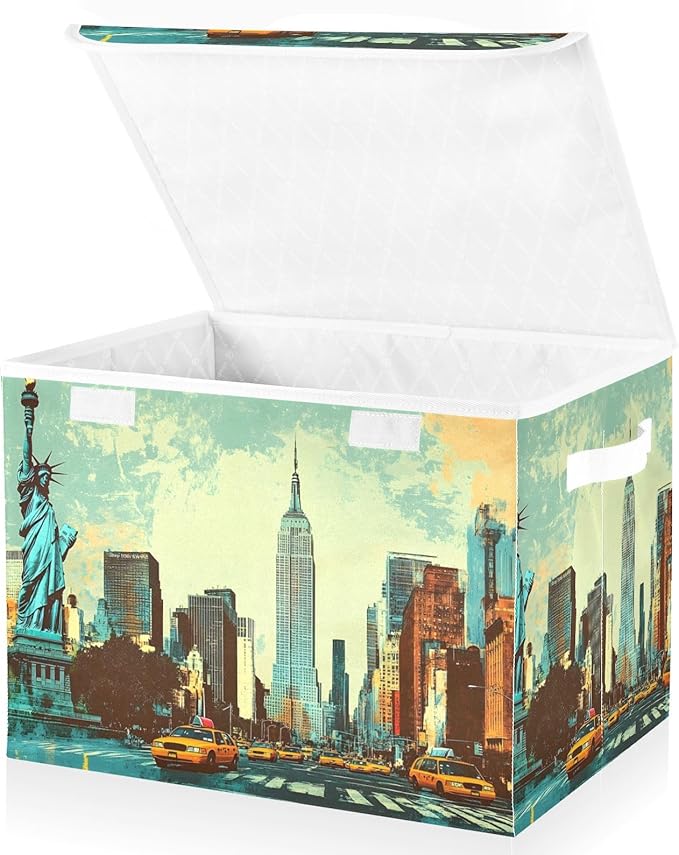 Storage Cube with Lid New York Painting Print 16.5×12.6×11.8 IN Collapsible Large Capacity Foldable Storage Basket Bin Organizer