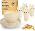 Kitchen Wheat Straw Dinnerware Sets for 4 Unbreakable Kids Dish Set 20 PCS - Dinner Plate/Cereal Bowl/Cup/Fork/Spoon for Outdoor Camping RV Apartment Essentials - Beige