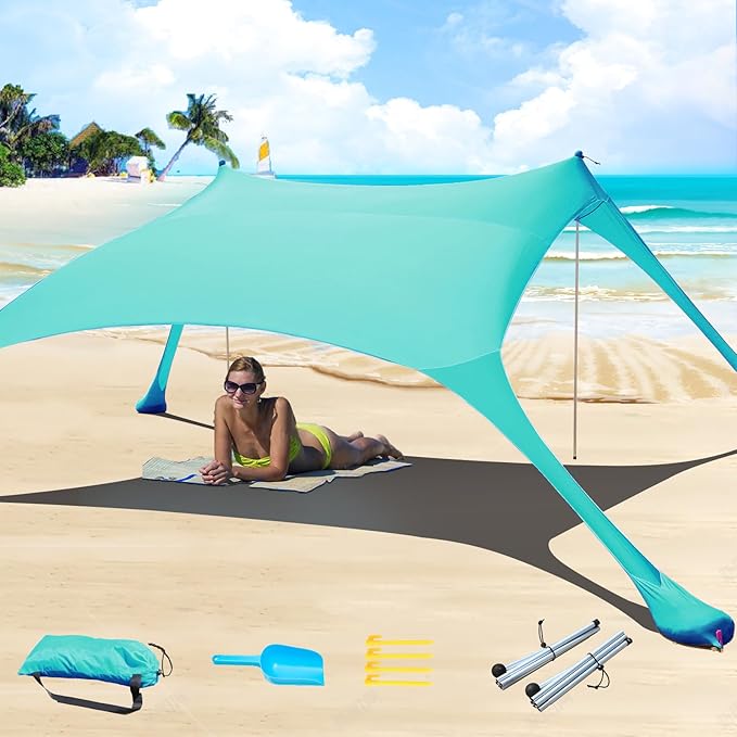 7×7 FT Beach Tent Sun Shelter UPF50+ UV Protection Outdoor Canopy Tent Sun Shade with 2 Poles for Camping Beach Fishing Backyard and Picnics Turquoise