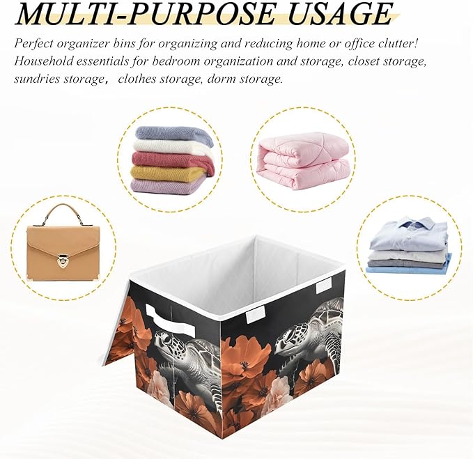 Storage Cube with Lid Sea Turtle Floral Print 16.5×12.6×11.8 IN Collapsible Large Capacity Foldable Storage Basket Bin Organizer