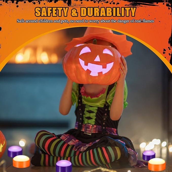 Riakrum 6 Pieces Remote Timer LED Lights with Remote LED Pumpkin Lights Battery Operated Lantern Bright Flameless Candle(Orange Purple)
