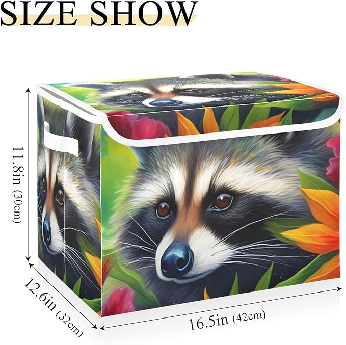 Flower Raccoon Storage Cube with Lid Collapsible Flip-top locker Fabric Storage Bins Basket with Handle for Home Bedroom Closet Office 16.5×12.6×11.8 in