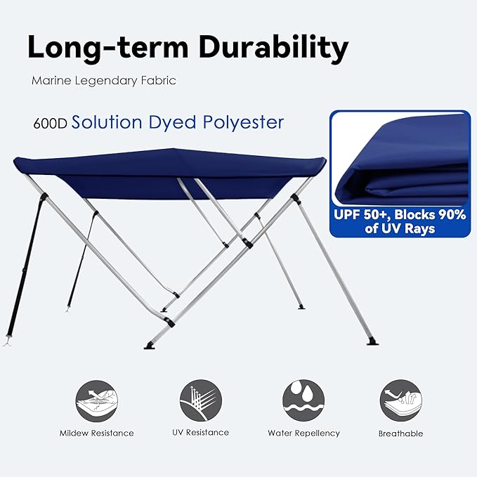 Deckpro 3-4 Bow Boat Bimini Tops 600D Solution Dyed Polyester Marine Grade Canvas with 1 Aluminum Frame Boat Canopy Includes Storage Boot 2 Support Poles 2 Straps