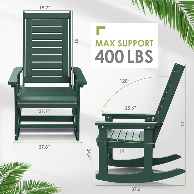 GREENVINES Outdoor Rocking Chairs | Set of 4 | Porch Rocker | HDPE Plastic | Forest | Oversized Rockers | High Back | Big &amp Tall | Ladder Back | for Patio Outside Backyard Balcony Garden
