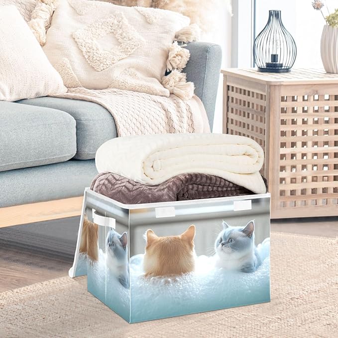 AIXIWAWA Lidded Storage Cube (Showering Cats) Fabric Foldable Closet Bins with Flip Lid and Handles Organizer Basket Container 16.5 x 12.6 x 11.8 IN