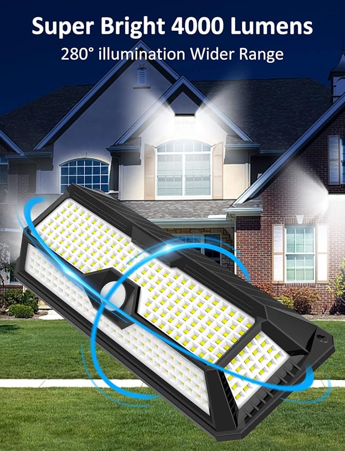 Solar Outdoor Lights - 4000Lm 268 LED Motion Sensor Lights Outdoor IP65 Waterproof Led Security Lights Bright Solar Wireless Flood Wall Lights with 3 Optional Modes and 4 Wide Angle (2 Pack)