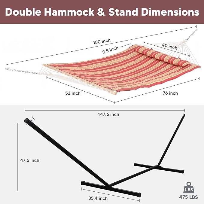 SUNCREAT Hammocks Portable Hammock with Stand Hammock with Stand 2 Person Heavy Duty for Bedroom Backyard Patio Balcony Red Stripe