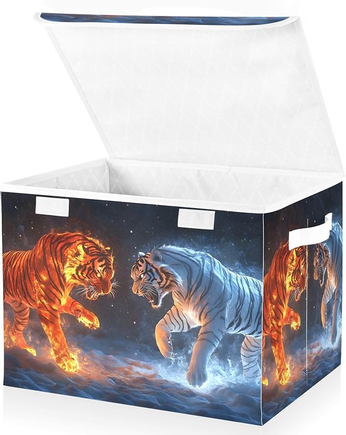 Storage Cube with Lid Animal Ice Fire Print 16.5×12.6×11.8 IN Collapsible Large Capacity Foldable Storage Basket Bin Organizer