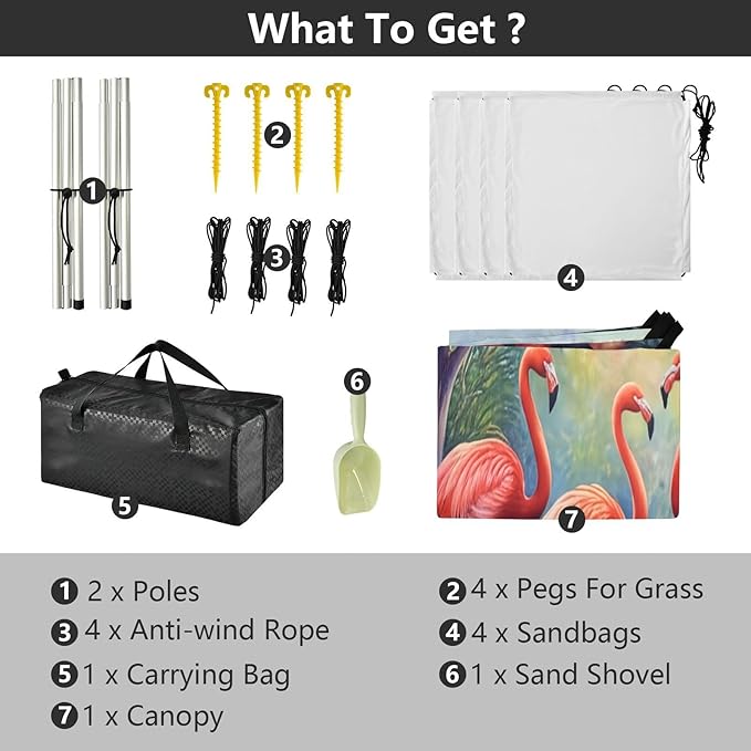 xigua Flamingos Beach Tent Sun Shelter with Carrying Bag - Silver Coated Oxford Fabric Beach Canopy for Beach Camping Fishing - Includes Windproof Ropes Sandbags &amp Stakes