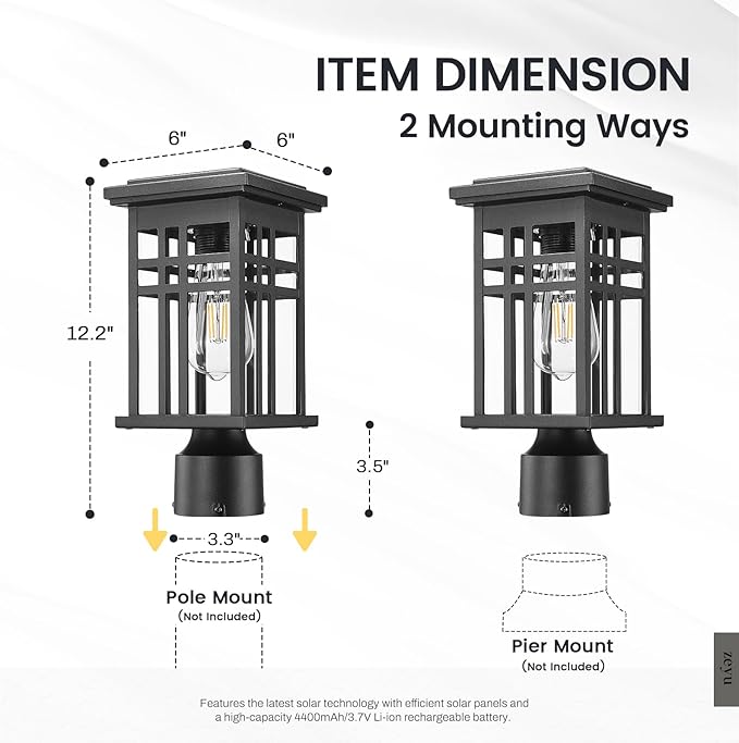 zeyu 2 Pack Solar Exterior Post Lamp Light 12 Inch Dusk to Dawn Outdoor Lamp Post Light for Patio with Remote Die-Cast Aluminum with Clear Glass Shade Black Finish 20068-P-2 SL BK