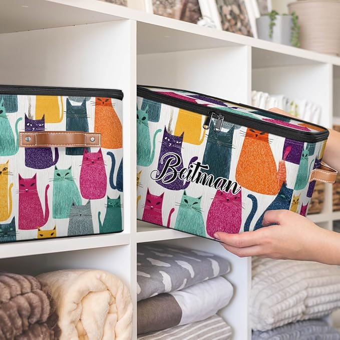Storage-Bins with Lids Handle Customized Stackable-Storage-Bin for Kids-Boys-Girls-Toys Cube Collapsibl Basket Cats
