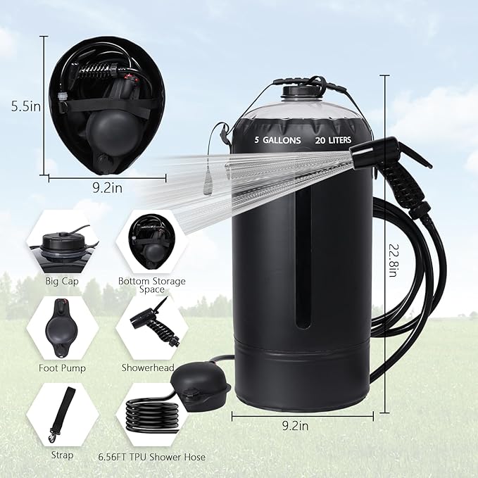 Aircity Portable Solar Camping Shower Bag with Foot Pump &amp Upgraded Leak-Proof Design – 20L/5-Gallon Outdoor Shower for Beach Hiking Travel | Lightweight Large Water Inlet Carry Bag