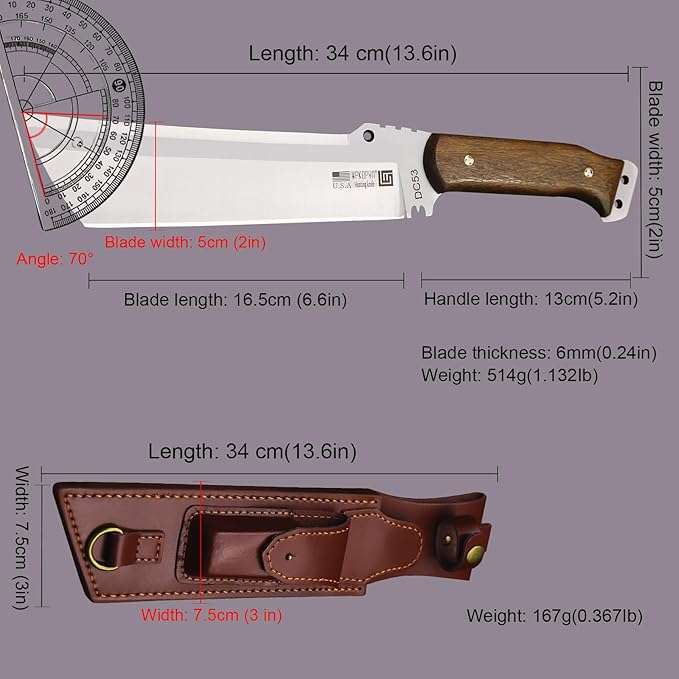 WPKOPYA Fixed Blade Outdoor Knife &ampLeather sheath single shoulder strapDC53 Steel Full Tang 6.6” Sharp Blade Wooden Handle 13.6” Tactical Survival Knife for Camping Hiking Bushcraft Cooking