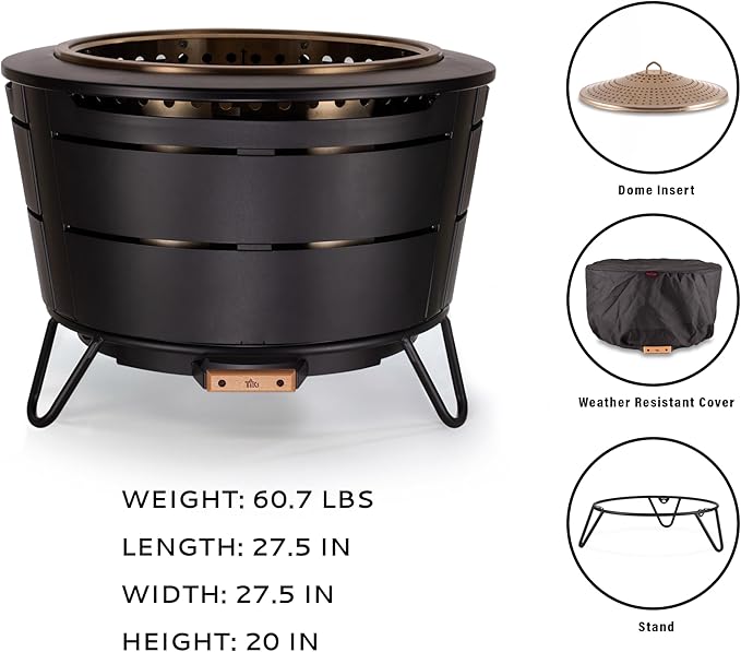 TIKI 27.5-Inch Smokeless Reunion Fire Pit Large Outdoor Fire Pit for Gatherings Wood Burning with Removable Ash Pan &amp Weather-Resistant Cover Modern Black Design – Perfect for Patio &amp Backy