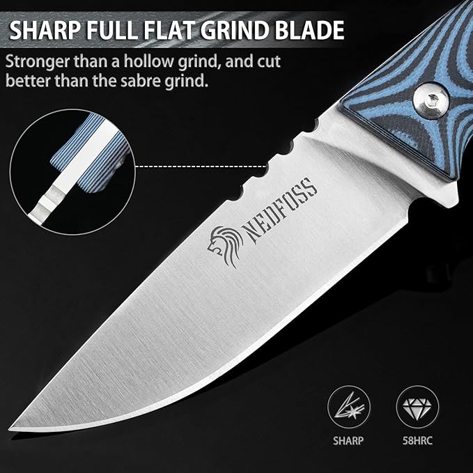 NedFoss Hyenas Bushcraft Knife with Fire Starter 3.5 440C Steel Camping Knife with Kydex Sheath Blue G10 Handle for Outdoor TAC Gift
