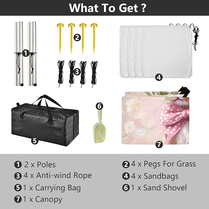 Floral Bow Bunny Rabbits Eggs Easter1 Stable Beach Tent UPF50+ Protection Water-Resistant Shade Sun Shelter with Sand Shovel Sandbags for Camping Picnics Backyard