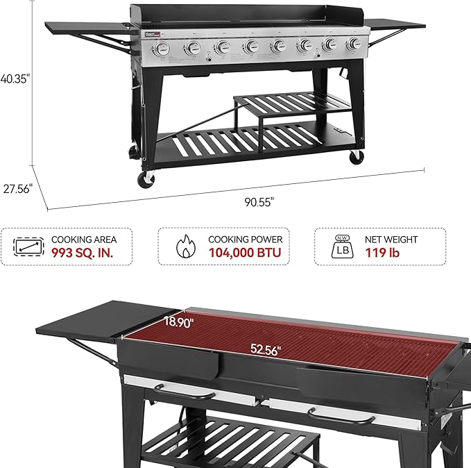 Royal Gourmet 8-Burner Gas Grill 104000 BTU Liquid Propane Grill Independently Controlled Dual Systems Outdoor Party or Backyard BBQ Black