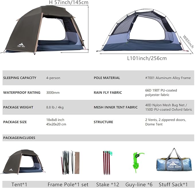 ThreeBears 4-Person Backpacking Tent Shelter 3000mm Waterproof Easy Setup Spacious for Family Outdoor Adventures Hiking and Camping Trips