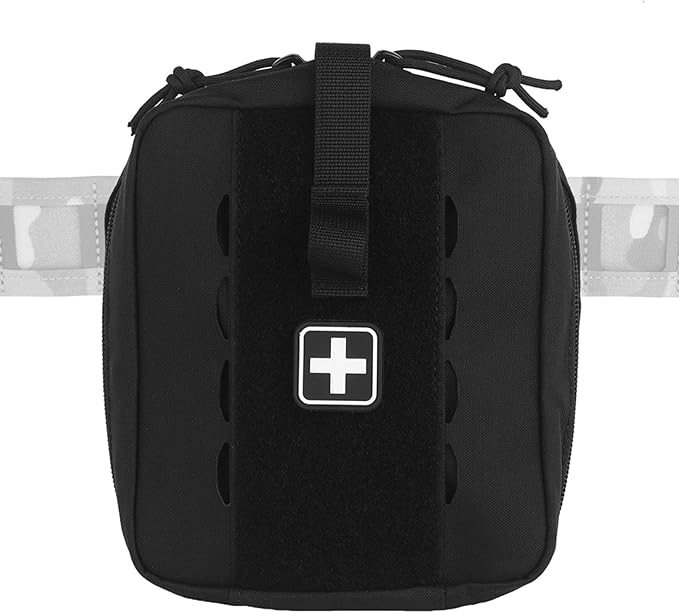 Tactical Camo IFAK Pouch MOLLE Medical Organizer with Elastic Storage Board Front Tool Slots and Rear Shear Pocket Attaches to Vest Belt or Backpack