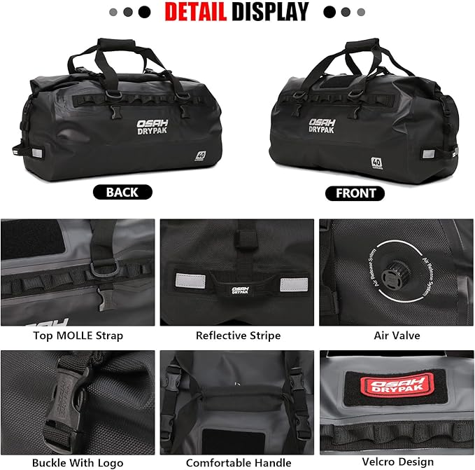 Waterproof Duffel Bag - Motorcycle Dry Bag 40L Tail Bag with Large Storage Space Waterproof Duffle Bags with Outer Mesh Zipper Pocket for Camping Kayaking Fishing &amp Traveling-Mudbrown
