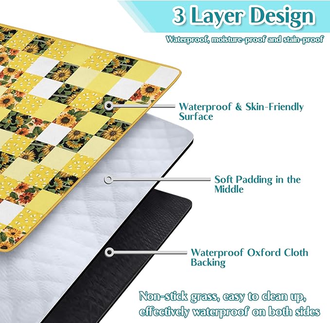 Checkered Picnic Blankets Waterproof Foldable 60″X80″Sunflower Picnic Mat Outdoor Blanket for Grass Cute Bee Thick Beach Blanket Sandproof Picnic Accessories for Camping Party Park Patio