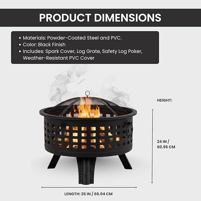 Outdoor Fire Pit - 26-Inch Round Lattice Wood Burning Firepit with Screen Poker Grate and Cover - Wood Fire Pits &amp Outdoor Fireplaces by Pure Garden