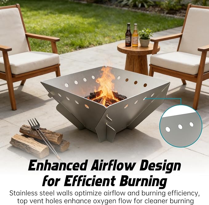 Stainless Steel Fire Pit for Camping Collapsible Fire Pit for Outdoor Use 2-4 Person Portable Firepit Tool-Free Assembly Patio Bonfire Picnic and BBQ with Grill Net &amp Canvas Storage Bag