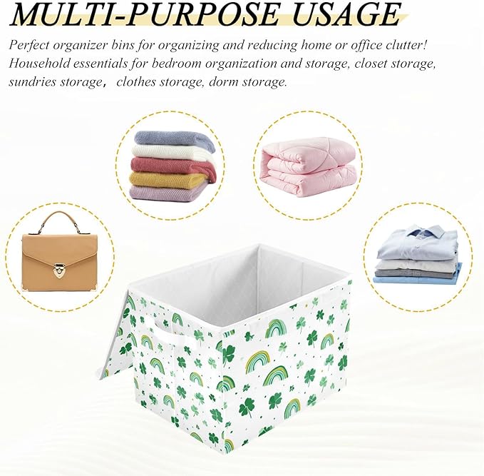 Collapsible Storage Bins with Lids Decorative Fabric Storage Cubes Closet Organizer and Storage Basket Boxes Containers for Clothes Box Chest Nursery Folding Rectangle Green Shamrock Rainbow