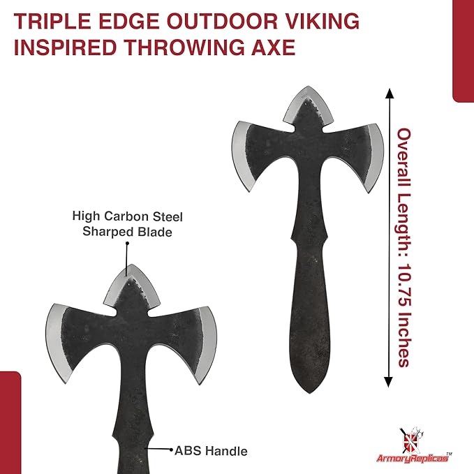 Armory Replicas™ Grip Analysis Full Tang Forged High Carbon Steel Triple Edge Outdoor Viking Inspired Throwing Axe w/Genuine Leather Sheath.